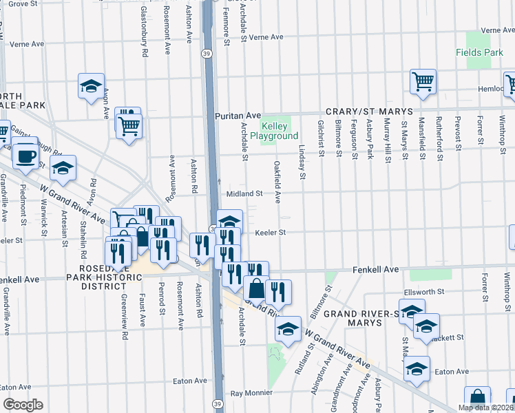 map of restaurants, bars, coffee shops, grocery stores, and more near 15428 Archdale Street in Detroit