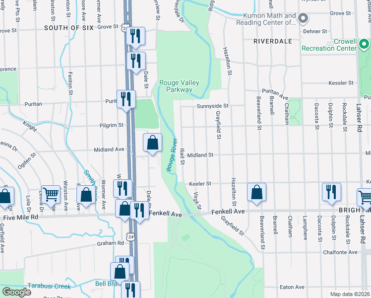 map of restaurants, bars, coffee shops, grocery stores, and more near 15517 Iliad Street in Detroit