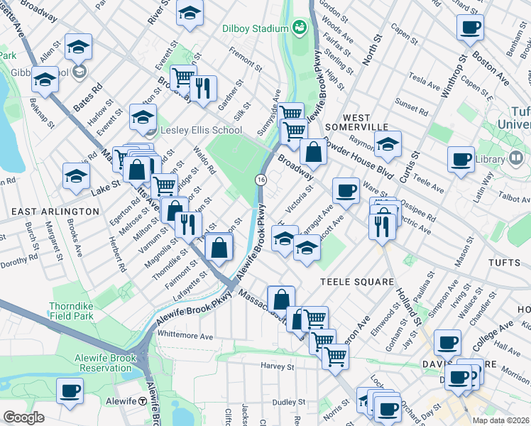 map of restaurants, bars, coffee shops, grocery stores, and more near 45 Alewife Brook Parkway in Cambridge