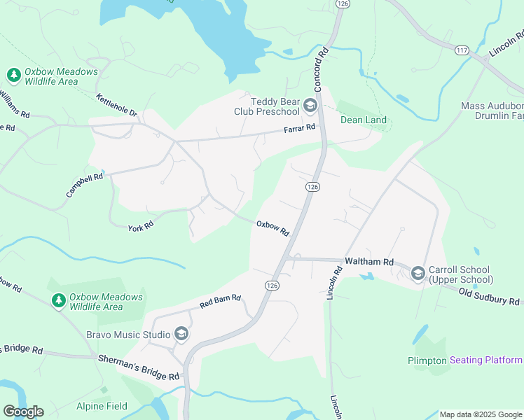 map of restaurants, bars, coffee shops, grocery stores, and more near 17 Oxbow Road in Wayland