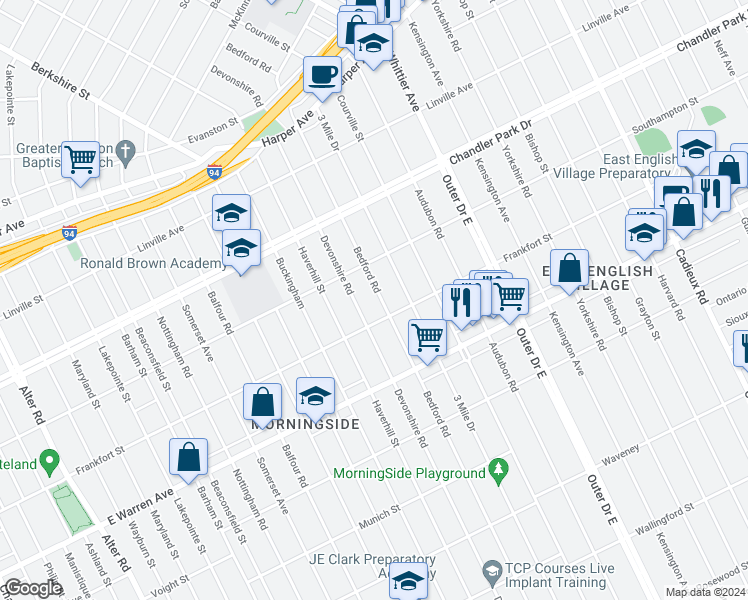 map of restaurants, bars, coffee shops, grocery stores, and more near 5245 Bedford Street in Detroit