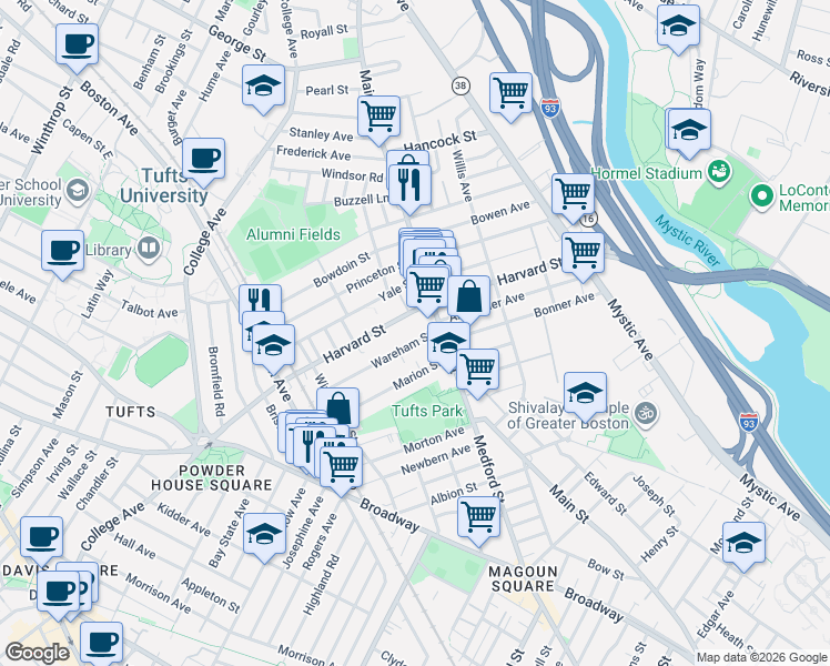 map of restaurants, bars, coffee shops, grocery stores, and more near 30 Wareham Street in Medford