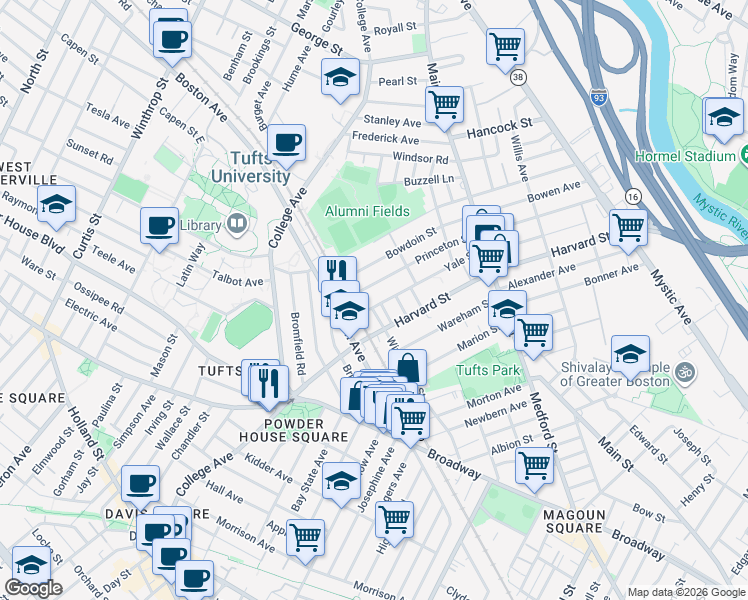 map of restaurants, bars, coffee shops, grocery stores, and more near in Medford