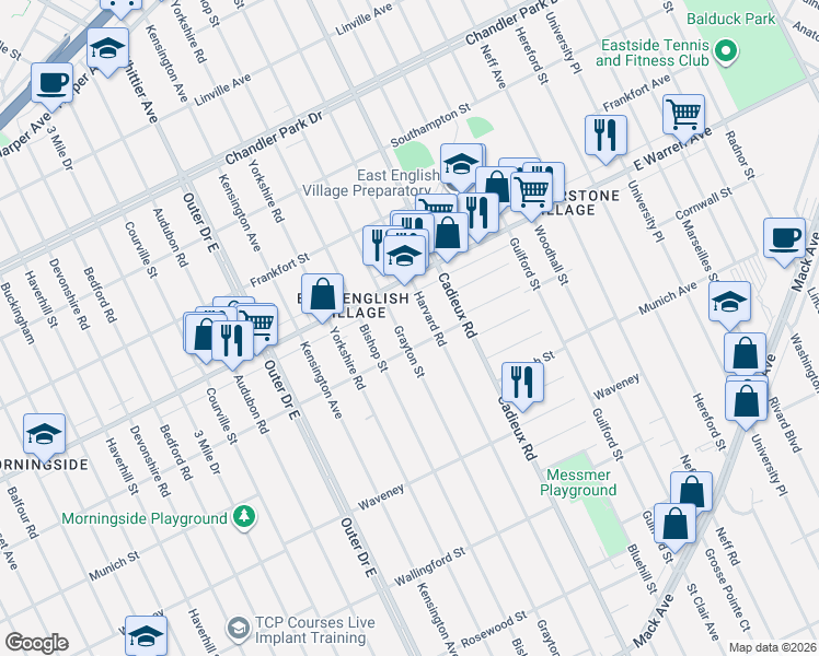 map of restaurants, bars, coffee shops, grocery stores, and more near 4540 Grayton Street in Detroit