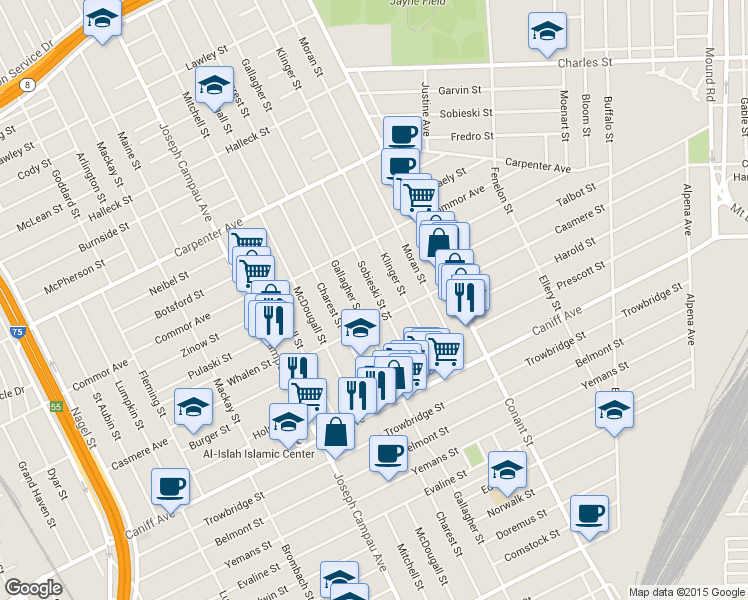 map of restaurants, bars, coffee shops, grocery stores, and more near 11605 Gallagher Street in Hamtramck