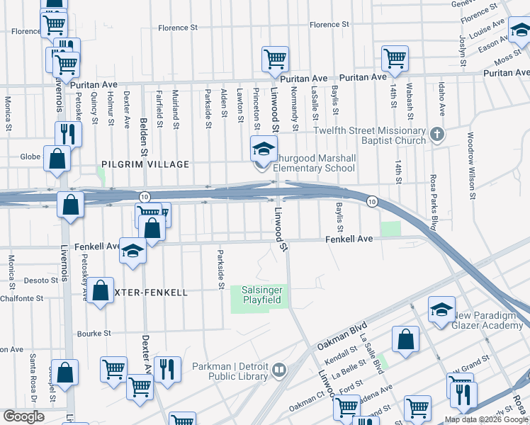 map of restaurants, bars, coffee shops, grocery stores, and more near 15335 Princeton Street in Detroit