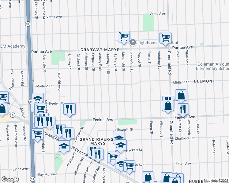map of restaurants, bars, coffee shops, grocery stores, and more near 15419 Saint Marys Street in Detroit