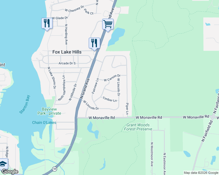 map of restaurants, bars, coffee shops, grocery stores, and more near 25235 West Woodland Terrace in Lake Villa