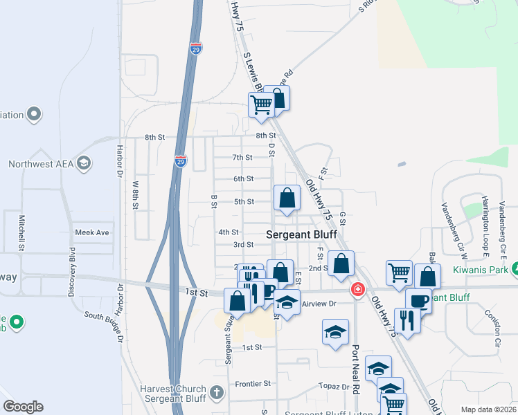 map of restaurants, bars, coffee shops, grocery stores, and more near 390-392 4th Street in Sergeant Bluff