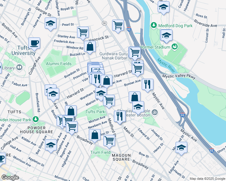 map of restaurants, bars, coffee shops, grocery stores, and more near 21 Mayberry Avenue in Medford