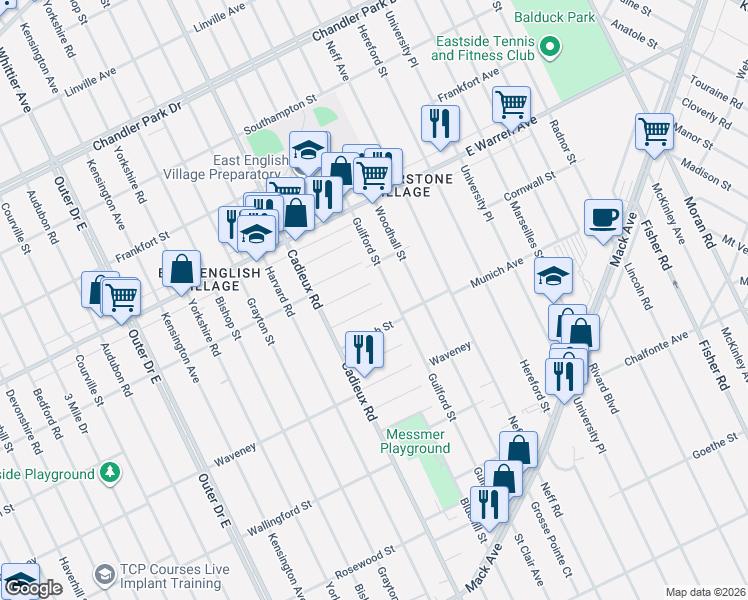 map of restaurants, bars, coffee shops, grocery stores, and more near 17189 Munich Street in Detroit