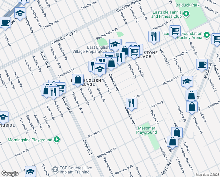 map of restaurants, bars, coffee shops, grocery stores, and more near 4500 Harvard Road in Detroit
