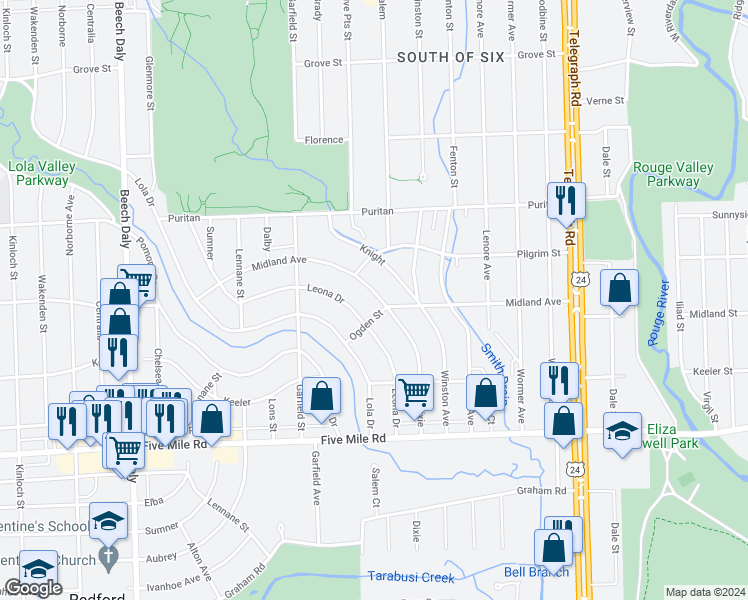 map of restaurants, bars, coffee shops, grocery stores, and more near 24841 Midland Avenue in Redford Charter Township