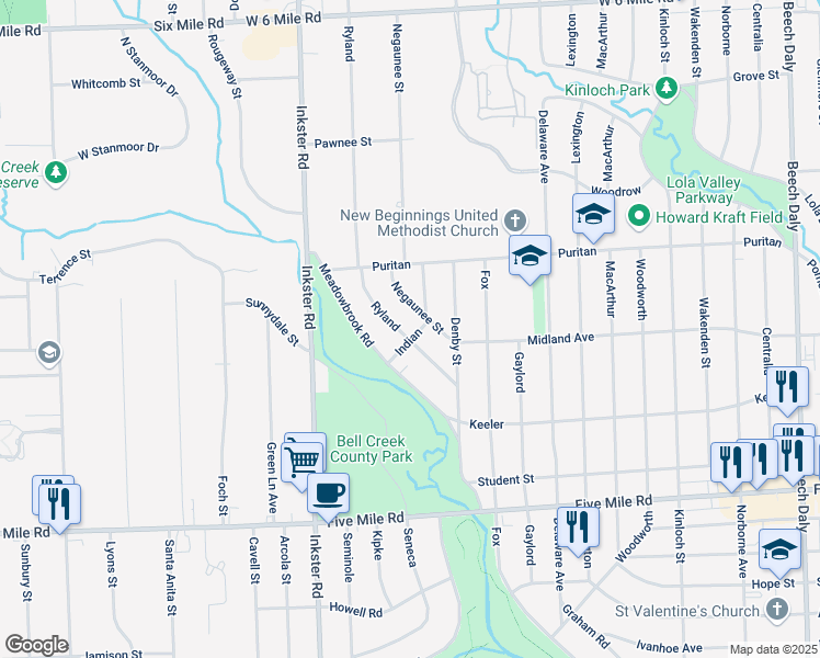 map of restaurants, bars, coffee shops, grocery stores, and more near 15735 Ryland in Redford Charter Township