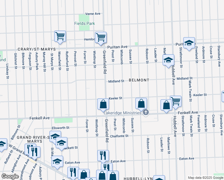 map of restaurants, bars, coffee shops, grocery stores, and more near 15461 Prest Street in Detroit