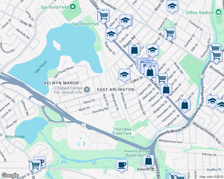 map of restaurants, bars, coffee shops, grocery stores, and more near 24-26 Margaret Street in Arlington