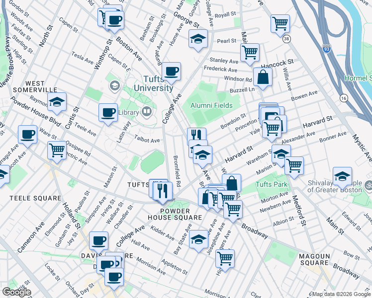 map of restaurants, bars, coffee shops, grocery stores, and more near 530 Boston Avenue in Medford