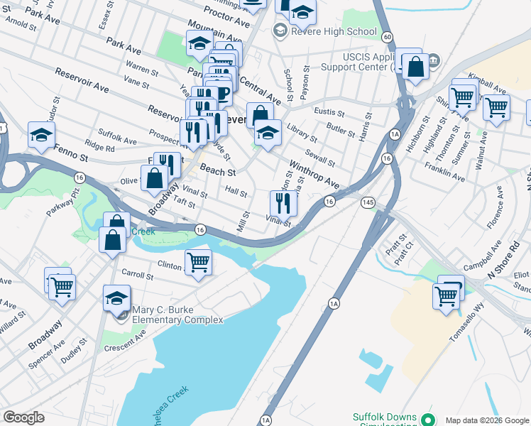 map of restaurants, bars, coffee shops, grocery stores, and more near 15 Mill Street Place in Revere