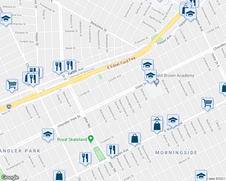 map of restaurants, bars, coffee shops, grocery stores, and more near 5751 Beaconsfield Street in Detroit