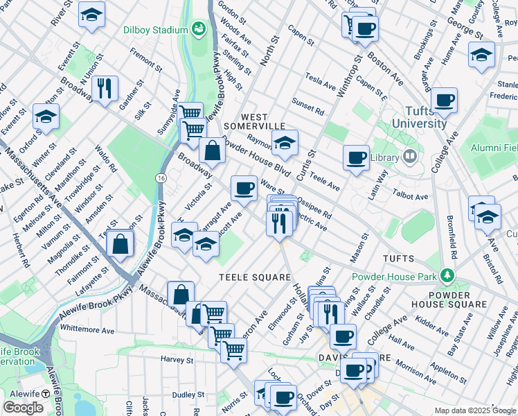 map of restaurants, bars, coffee shops, grocery stores, and more near 42 Fairmount Avenue in Somerville
