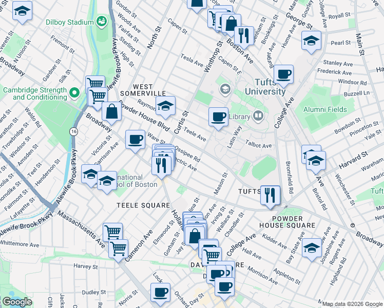 map of restaurants, bars, coffee shops, grocery stores, and more near 61 Ossipee Road in Somerville