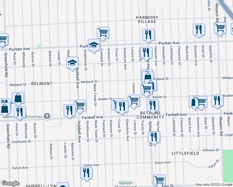 map of restaurants, bars, coffee shops, grocery stores, and more near 15431 Cruse Street in Detroit