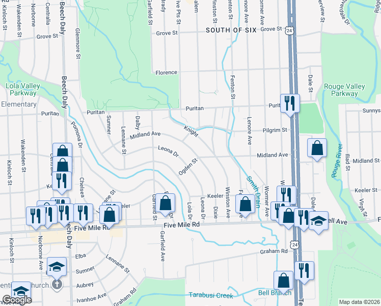 map of restaurants, bars, coffee shops, grocery stores, and more near 24920 Midland in Redford Charter Township