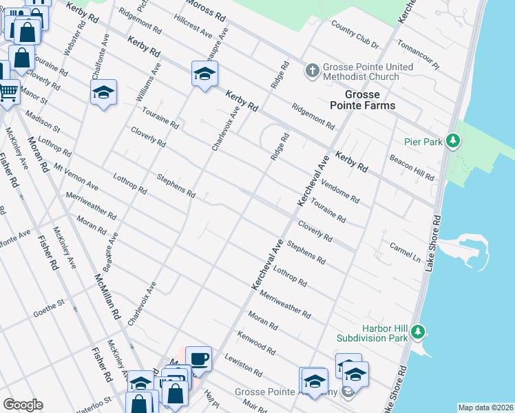map of restaurants, bars, coffee shops, grocery stores, and more near 204 Cloverly Road in Grosse Pointe Farms