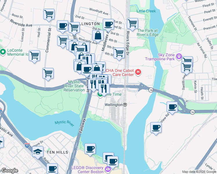 map of restaurants, bars, coffee shops, grocery stores, and more near 28 Rte 16 in Medford