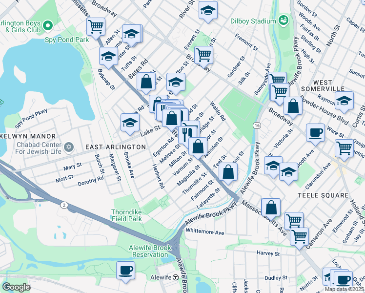 map of restaurants, bars, coffee shops, grocery stores, and more near 155 Massachusetts Avenue in Arlington