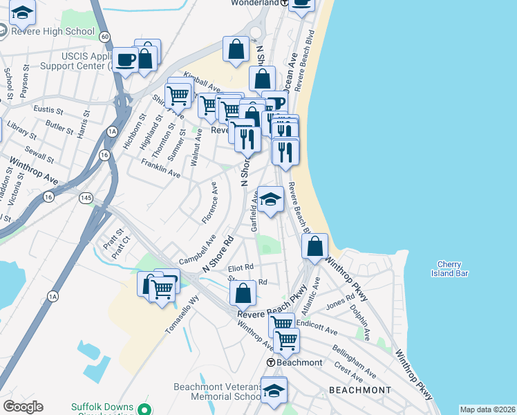 map of restaurants, bars, coffee shops, grocery stores, and more near 75 Garfield Avenue in Revere