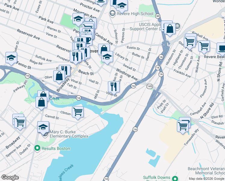 map of restaurants, bars, coffee shops, grocery stores, and more near 15 Mill Street Place in Revere