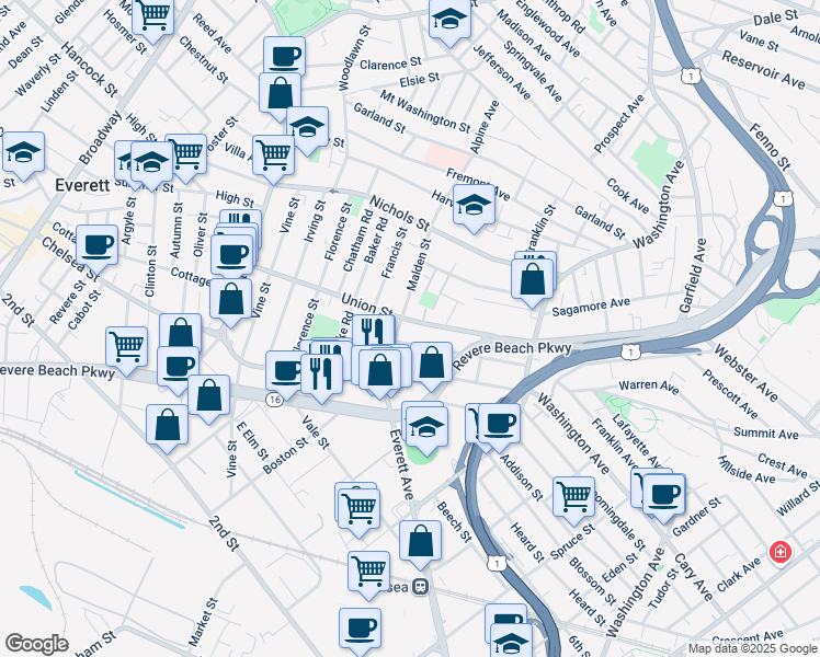 map of restaurants, bars, coffee shops, grocery stores, and more near 130 Union Street in Everett