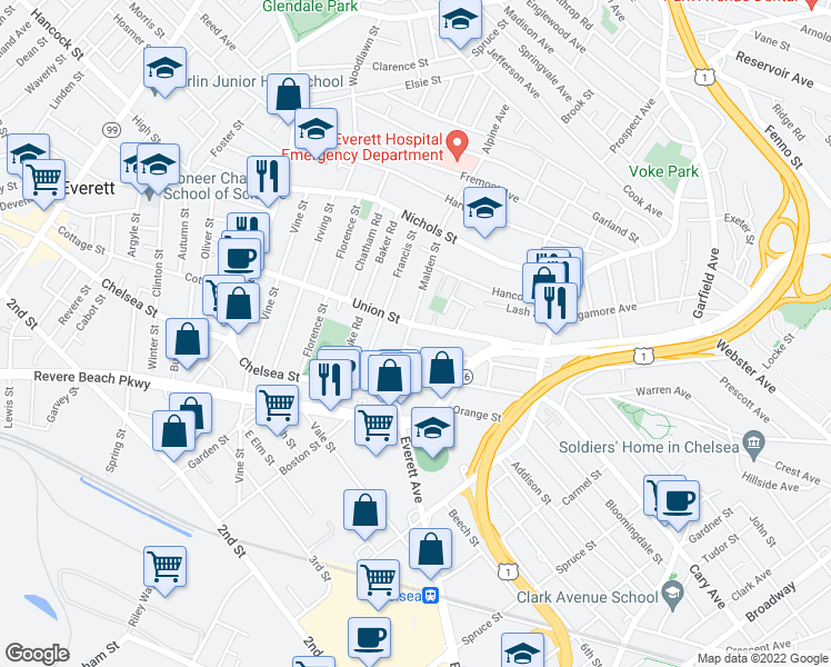 map of restaurants, bars, coffee shops, grocery stores, and more near 130 Union Street in Everett