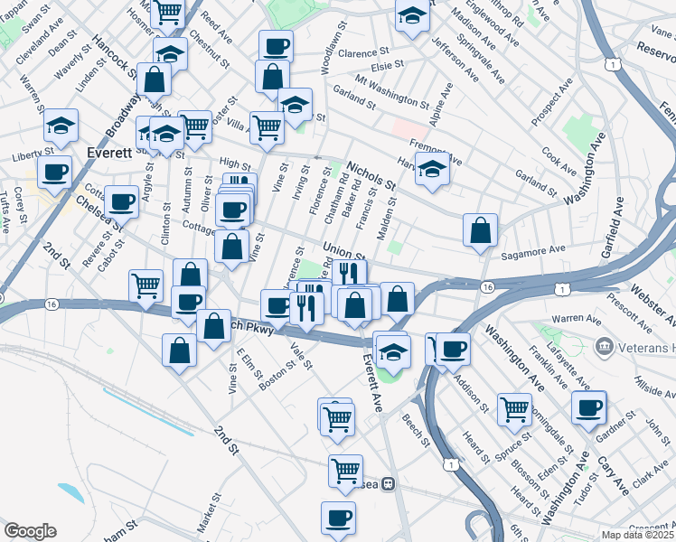 map of restaurants, bars, coffee shops, grocery stores, and more near 93 Union Street in Everett