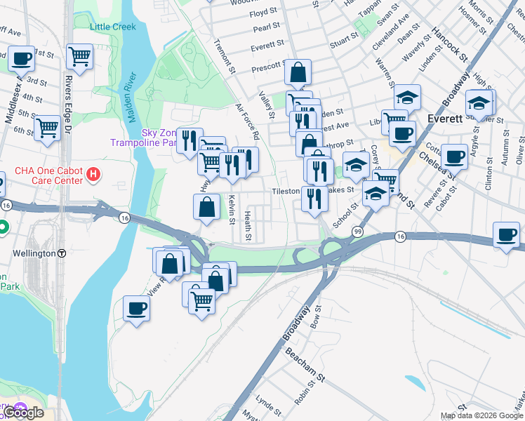 map of restaurants, bars, coffee shops, grocery stores, and more near in Everett