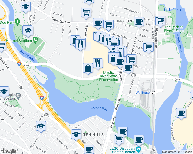 map of restaurants, bars, coffee shops, grocery stores, and more near 4060 Mystic Valley Parkway in Medford