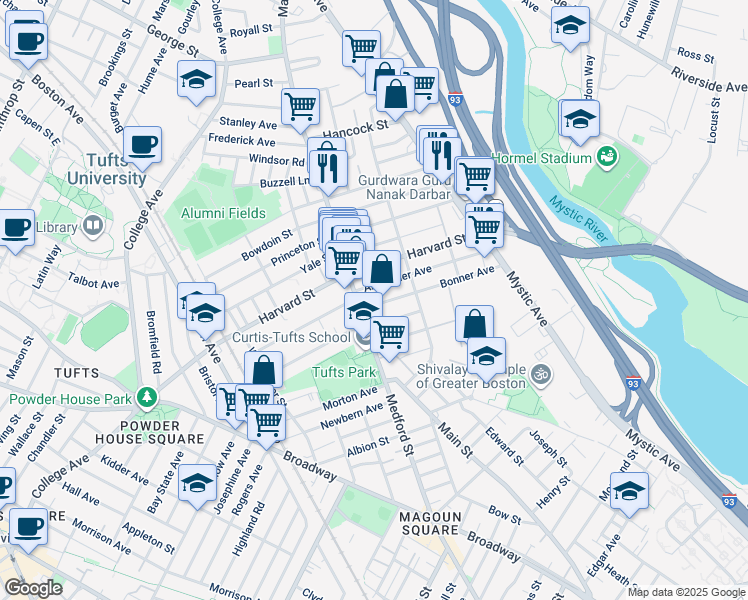 map of restaurants, bars, coffee shops, grocery stores, and more near 371 Main Street in Medford
