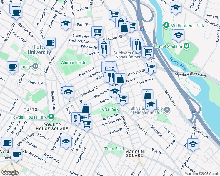 map of restaurants, bars, coffee shops, grocery stores, and more near 371 Main Street in Medford
