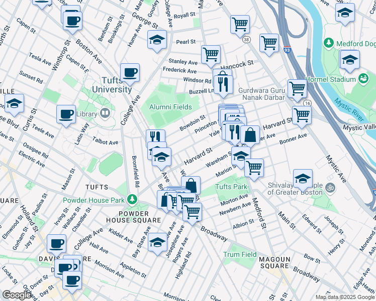 map of restaurants, bars, coffee shops, grocery stores, and more near 102 Princeton Street in Medford