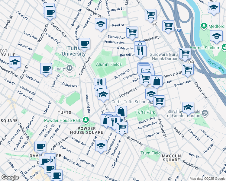 map of restaurants, bars, coffee shops, grocery stores, and more near 102 Princeton Street in Medford