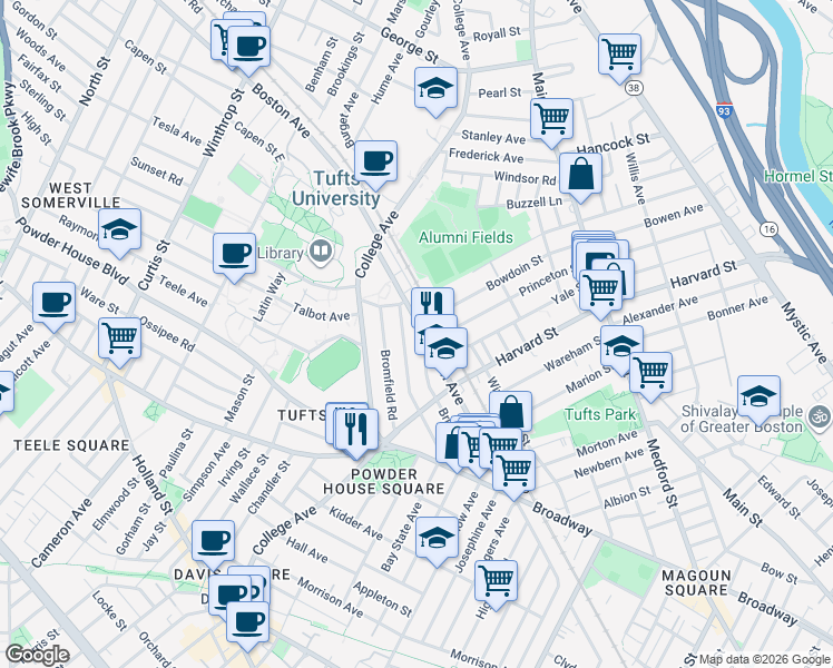 map of restaurants, bars, coffee shops, grocery stores, and more near 530 Boston Avenue in Medford