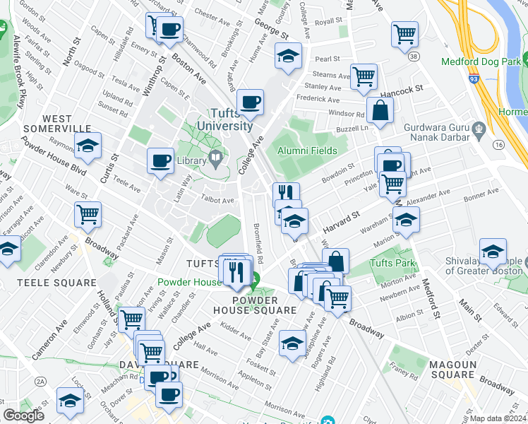 map of restaurants, bars, coffee shops, grocery stores, and more near 16 Dearborn Road in Somerville