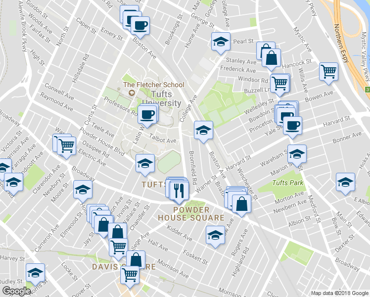 map of restaurants, bars, coffee shops, grocery stores, and more near 16 Dearborn Road in Somerville