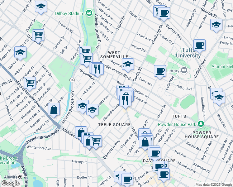map of restaurants, bars, coffee shops, grocery stores, and more near 42 Fairmount Avenue in Somerville