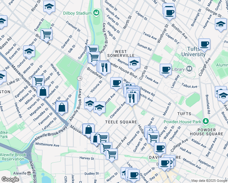 map of restaurants, bars, coffee shops, grocery stores, and more near 1249 Broadway in Somerville