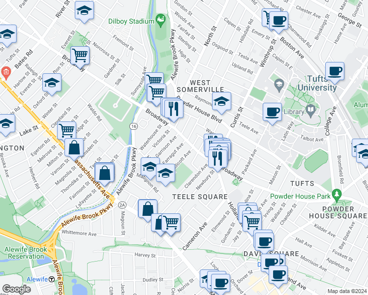 map of restaurants, bars, coffee shops, grocery stores, and more near 1249 Broadway in Somerville