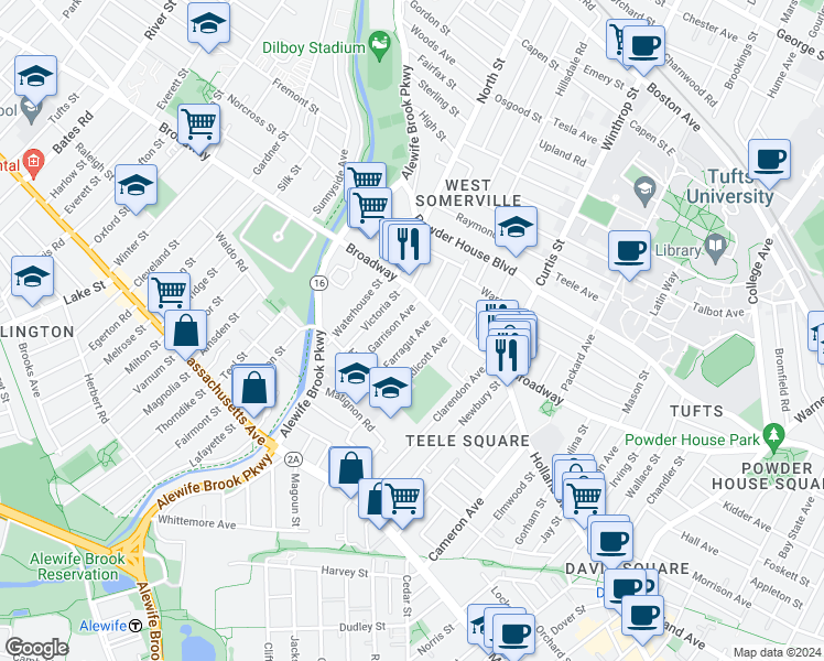 map of restaurants, bars, coffee shops, grocery stores, and more near 1249 Broadway in Somerville