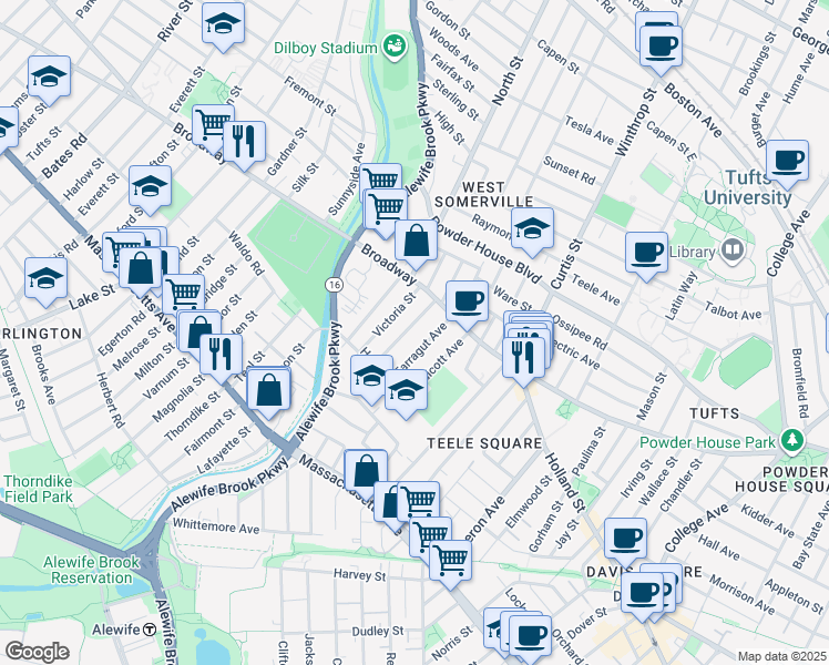 map of restaurants, bars, coffee shops, grocery stores, and more near 18 Victoria Street in Somerville