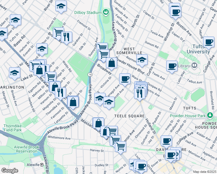 map of restaurants, bars, coffee shops, grocery stores, and more near 18 Victoria Street in Somerville